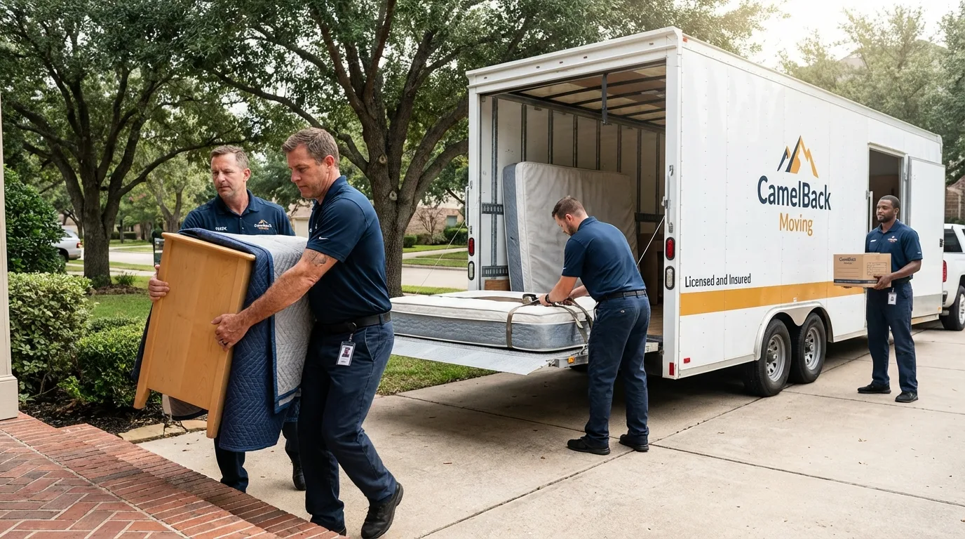 Crew loading residential truck for cross-state move from Baldwin City, KS