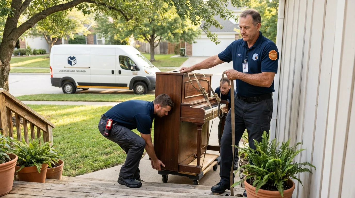 Licensed piano movers securing grand piano in Baldwin City, KS
