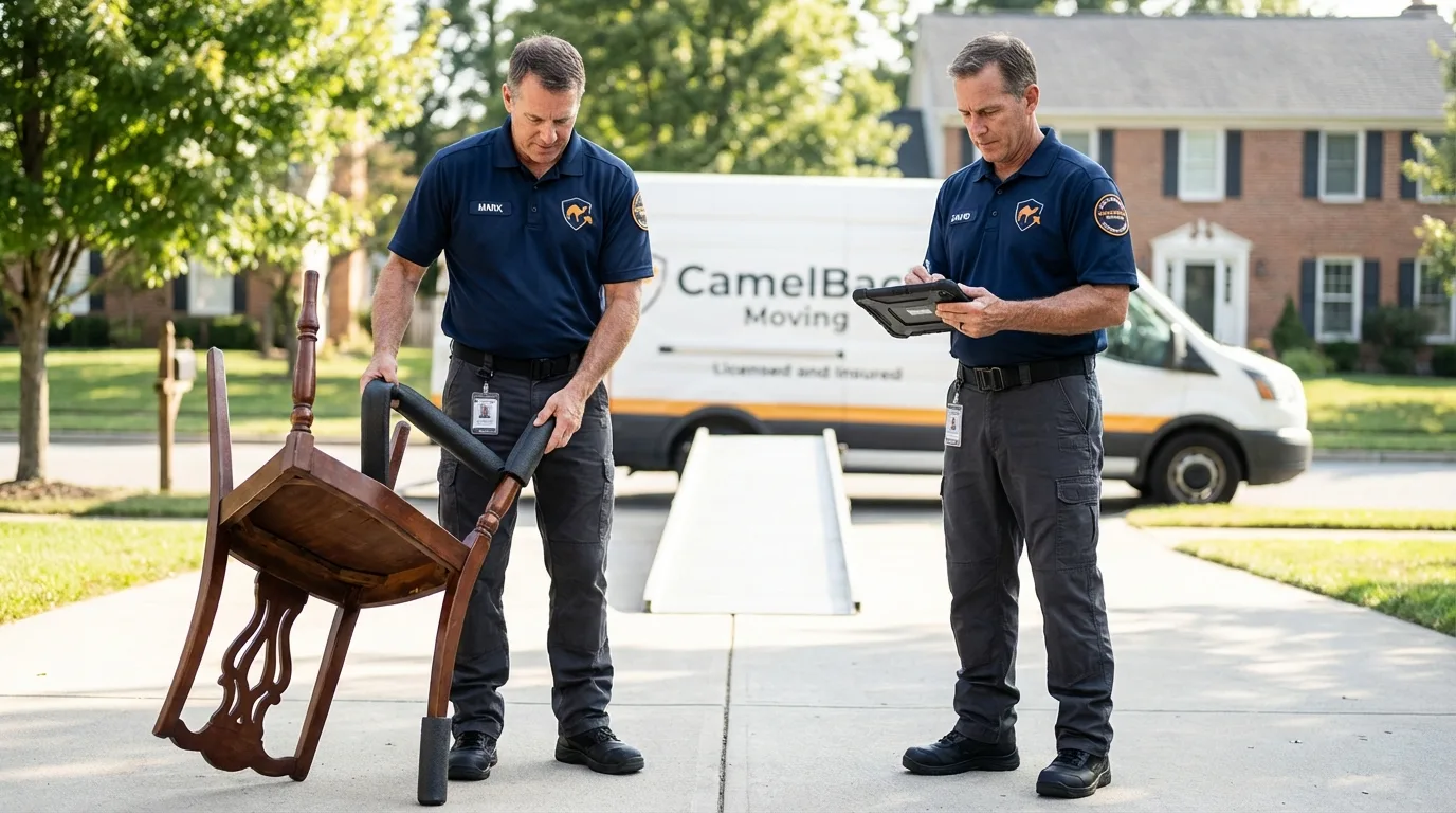 Movers inspecting furniture for damage prevention before loading in Baldwin City, KS